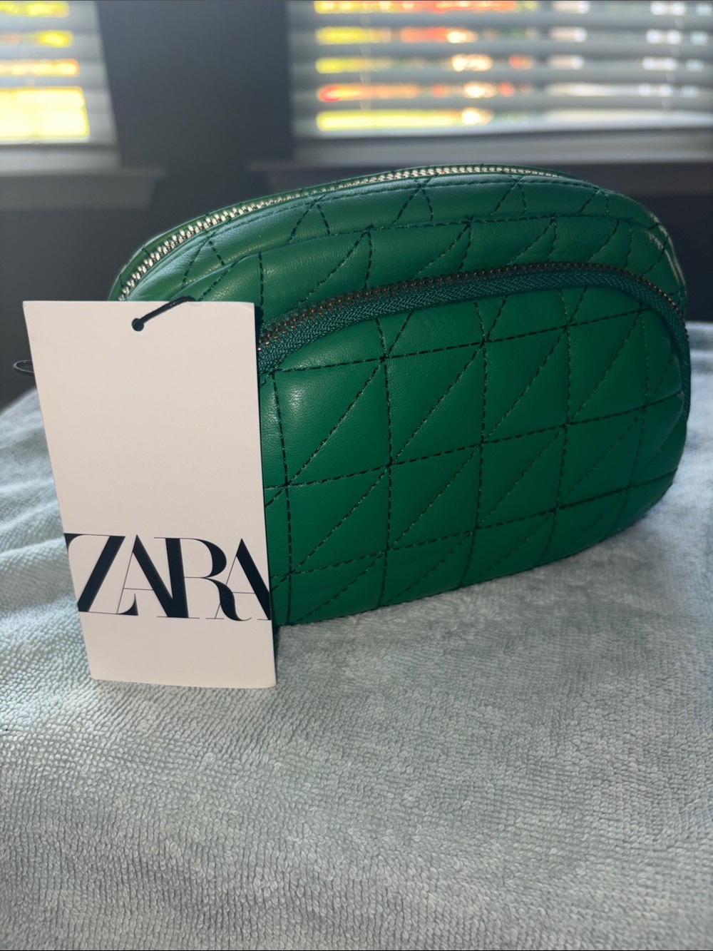 ZARA Emerald Green Quilted Leather Cosmetic Pouch